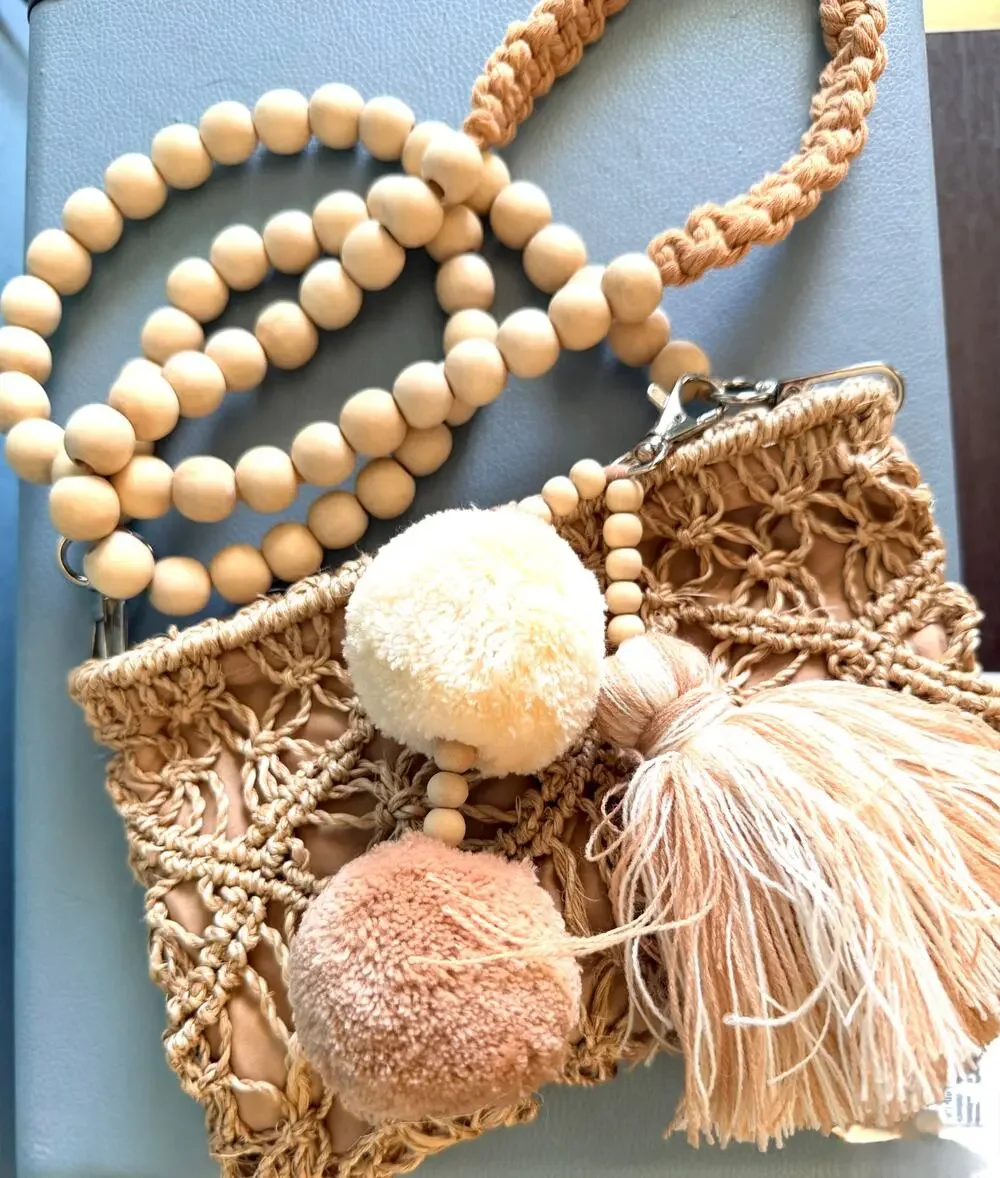 Boho Straw Macrame Crossbody Bag Natural Wood Bead Strap Purse Tassels Pom Poms